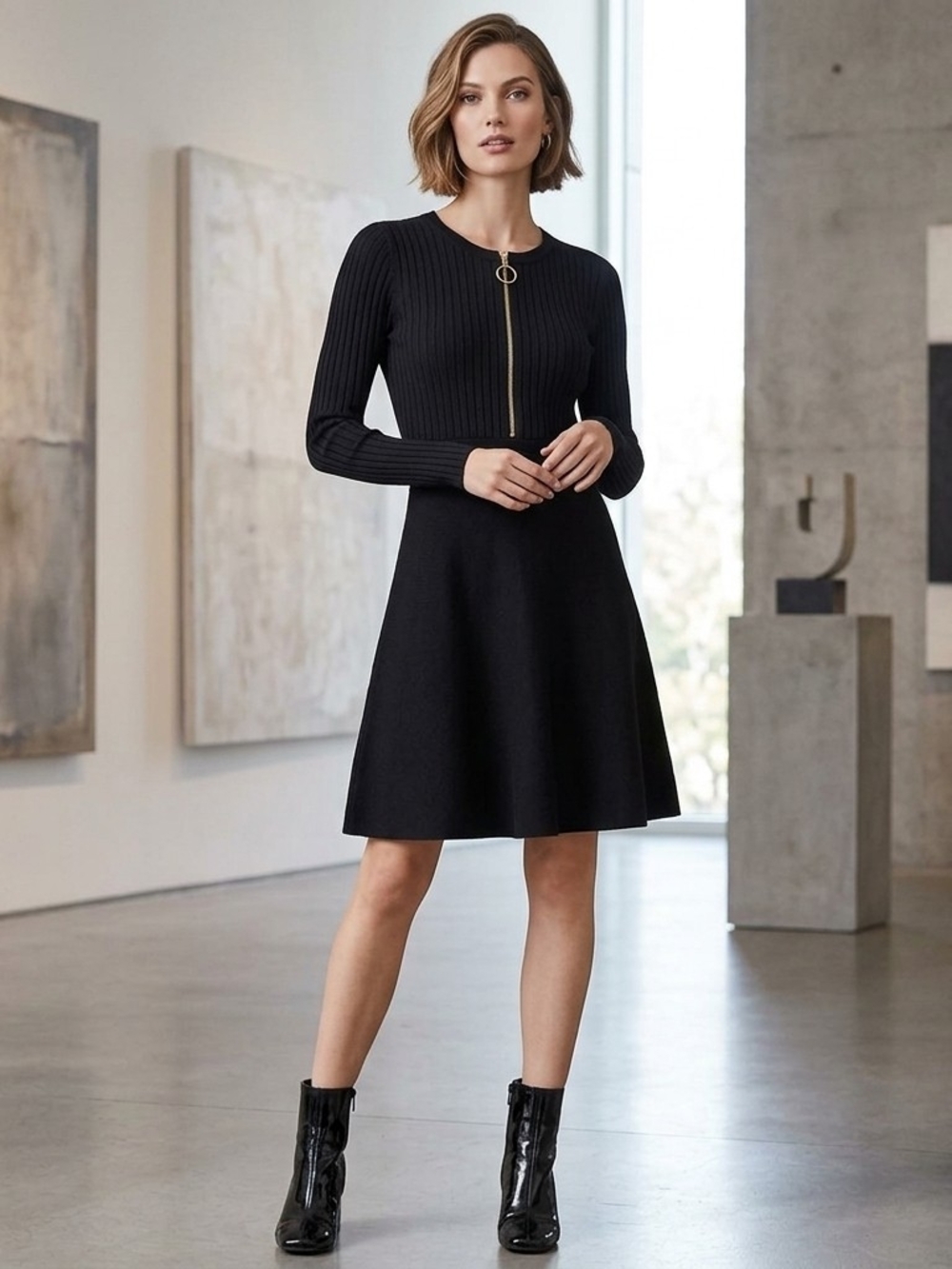 INC International Concepts Black Ribbed Long-Sleeve A-Line Dress Gold Zip Sz:S